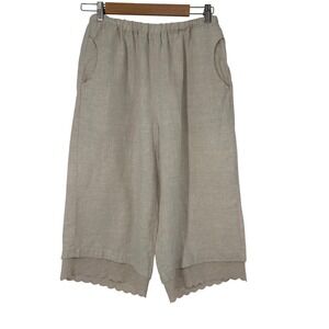 For Cynthia Petite Linen Cropped Wide Leg Bloomer Pants PL Beige Eyelet Cottage